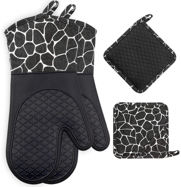 Topfhandschuhe Set Silikon/Baumwolle hitzebeständig 1 Paar+2 Topflappen Schwarz