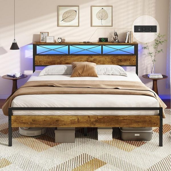 MSMASK Metallbett Bettgestell mit LED Beleuchtung und Steckdose USB-Anschlüsse (Ohne Matratze), Doppelbett 180 x 200 cm