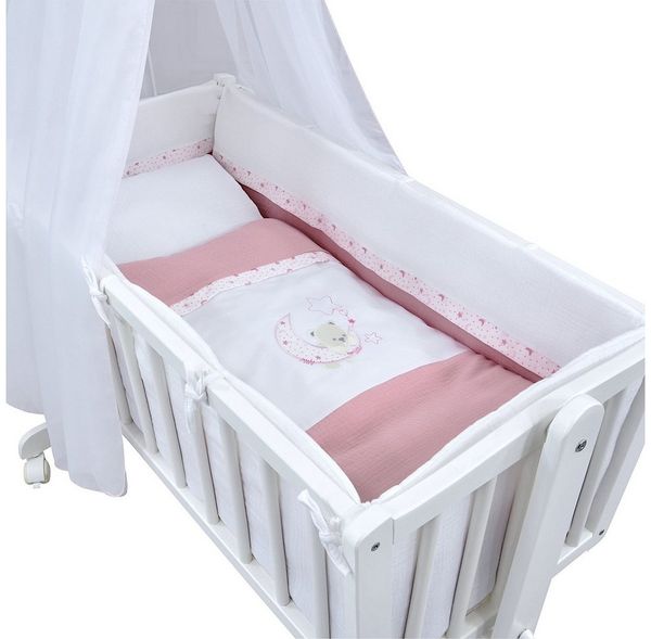 Baby-Delux Stubenbett Babywiege Komplettset Musseliin Bettset, Schaukelwiege Weiß 90x40 cm Komplett Bettset Wiegenset Bild 2