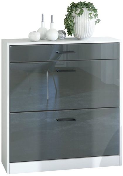 Schuhschrank Schuhkipper Elvas 89 x 95,5 x 27 cm, Korpus in Weiß Matt, Front in Grau Hochglanz