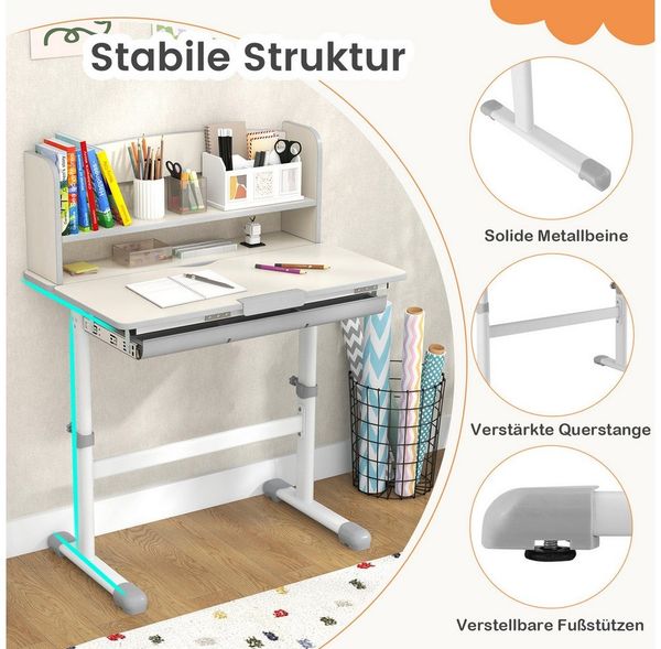 COSTWAY Kinderschreibtisch, höhenverstellbar, neigbarer mit Bücherregal, Schüler