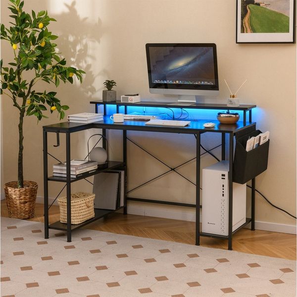 KOMFOTTEU Schreibtisch, mit LED, Steckdosen & offener Ablage, 120 x 80 x 87 cm