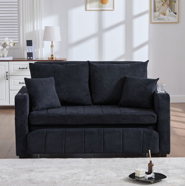 Schlafsofa, Chenille mit USB-Anschluss & Getränkehaltern, 139 x 83 x 58 cm, Schwarz