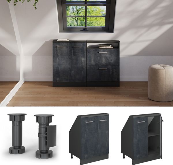 Küchenschrank für Dachschrägen R-Line Schwarz Beton 60 cm mit 2 Türen Vicco Bild 5
