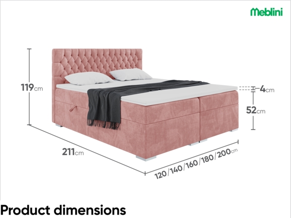 MEBLINI Boxspringbett DALIA 160x200 cm mit Bettkasten - H3/Rosa Samt Polsterbett - Doppelbett mit Topper & Taschenfederkern-Matratze Bild 7