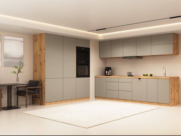ROYAL24_MARKT Küchenzeile - KL16-M320 - Nexa Grau / Beige / Woodline Matt, (Komplett Set), Top Materialien - Zeitloser Stil - Beste Verarbeitung