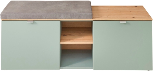 Stella Trading BARI Schuhbank in Schilfgrün, Artisan Eiche Optik FSC-Zertifiziert - Moderne Sitzbank mit Stauraum für Ihren Flur - 128 x 50 x 38 cm (B/H/T)