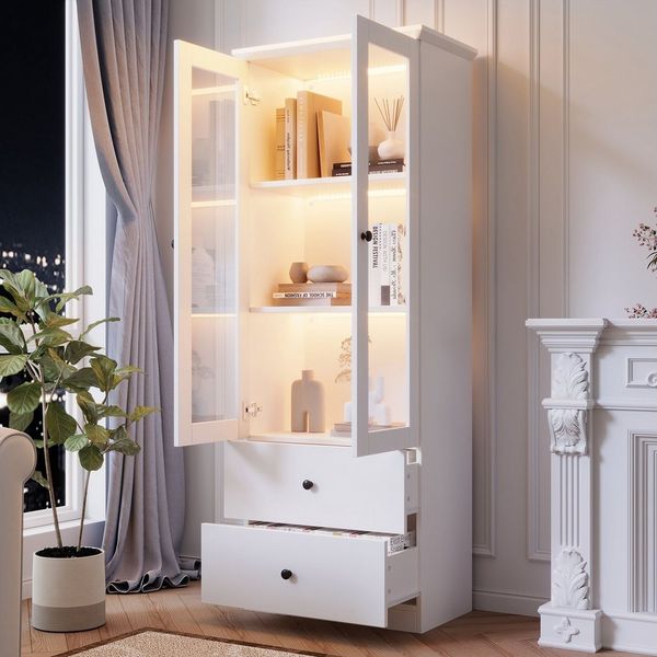 BlingBin Vitrine Moderne Standvitrine Vitrinenschrank, Hochschrank mit LED-Beleuchtung (Bücherschrank mit USB-Anschluss, 16-Farben-Fernbedienung, 2 Schubladen und 2 Flügeltüren, 1-St, 60*35.5*165 cm, Produkttragfähigkeit: Regal 20 kg, Schublade 30 kg) ...