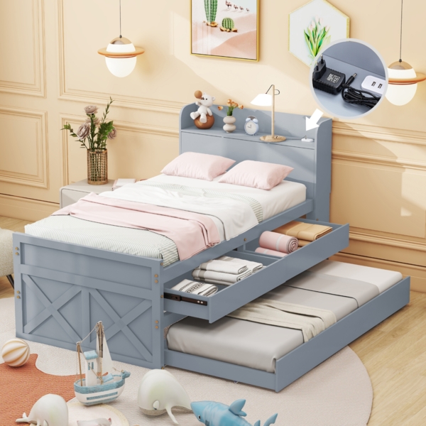 Merax Einzelbett Massivholzbett Kiefer 90x190 Multifunktionales mit ausziehbarer Schublade Lattenrost, Nachttisch mit Ablagen mit USB-Buchse Jugendbett Gästebett Grau