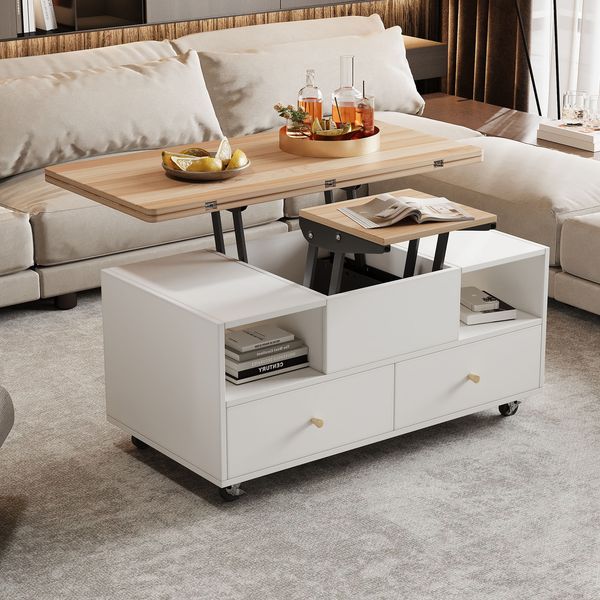 Couchtisch 100 x 50 x H 47,5–62 cm, höhenverstellbar und klappbar, MDF in Holzoptik/Weiß