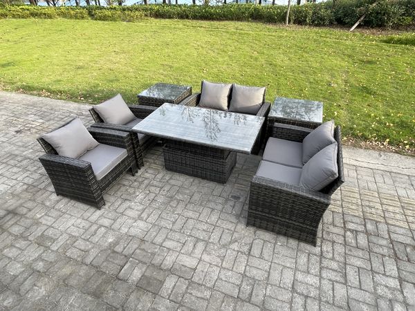 Fimous Rattan Gartenmöbel Set im Balkon Einstellbare Höhe Esstisch Sofa Set mit Doppelsitz-Sofa 2 Beistelltische Dunkelgrau Gemischt