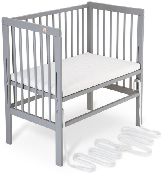 FabiMax Beistellbett Babybett Boxspring grau, 90 x 55 cm Liegefläche, aus Buchenholz, Stufenlos höhenverstellbar 40-73 cm, Holz-Lattenrost