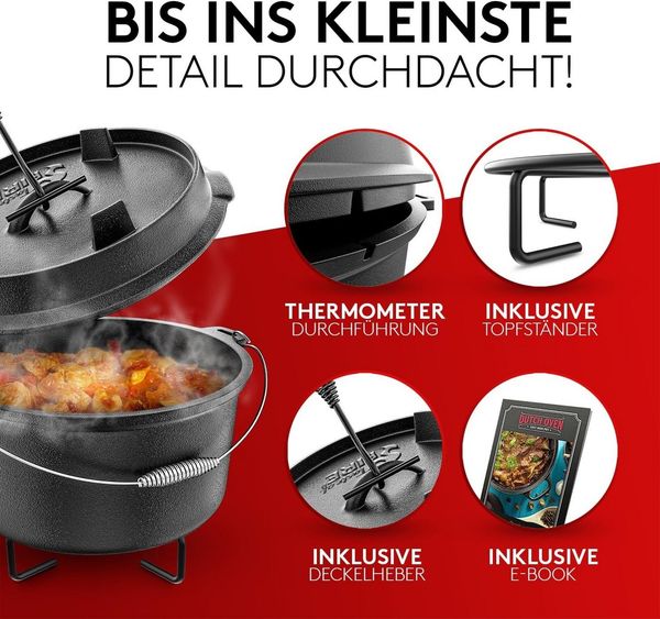 Taste of Fire Feuertopf BBQ Dutch Oven Feuertopf - Gusseisen Set 7L für Grill & Lagerfeuer, Gusseisen