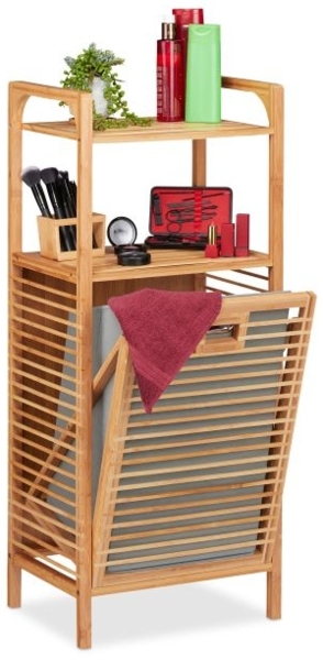 Relaxdays Badregal mit Wäschekorb, Bambus natur / grau, 40 x 30 x 95 cm