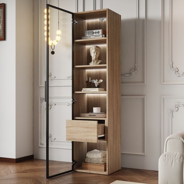MODFU Vitrine Bad-Organizer (Hochschrank, Lagerschrank, Highboard, Lagerschränke, 1-St, mit 1 großen Schubladen und 1 Türen) mit Lichtleiste, Glastür