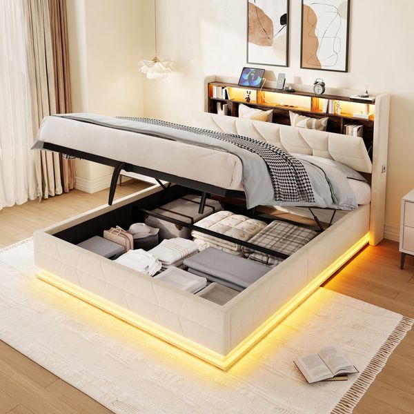 Flieks Doppelbett 160x200cm, Polsterbett multifunktional mit LED, offenen Regalen, Seitentaschen & USB-C-Ladestation, Stauraum-Kopfbrett, Beige