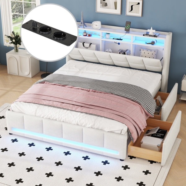 Merax Polsterbett, 140 x 200 cm, Ohne Matratze, APP-Fernbedienung LED-Licht, Bett mit Schubladen mit Steckdosen und USB, Eingebautes Staufach, Leinen, Beige