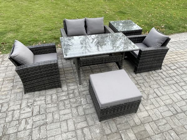 Fimous Polyrattan Gartenmöbel Set Terrassenmöbel Set mit Rattan Rechteckiger Esstisch Lounge Sofa mit Großer Fußhocker Beistelltisch