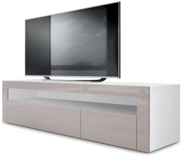 Vladon Lowboard Valencia, TV-Kommode mit 1 offenem Fach und 2 Klappen, Weiß matt/Sandgrau Hochglanz/Sandgrau Hochglanz (155 x 46 x 40 cm)