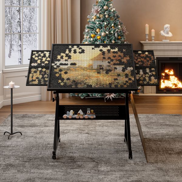 Couchtisch mit höhenverstellbarer, neigbarer Puzzlefläche, Schwarz, für bis zu 1500 Teile,96 x 90 x 60 cm