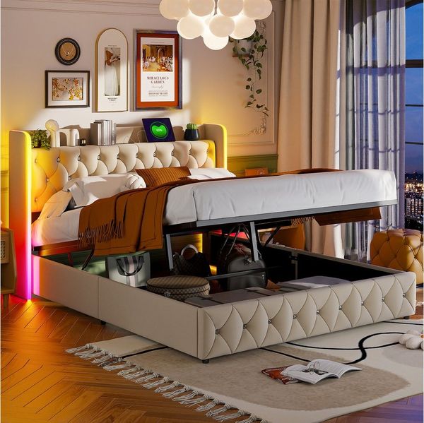 PXloue Polsterbett Doppelbett mit LED Licht 160x200cm,Hydraulisch anhebbarer Stauraumbett (Mit Lattenrost und Ladefunktion, Leinenmaterial Polsterbett), Modernes Jugendbett, Leises Design Bett, Max. Belastbarkeit 350 kg