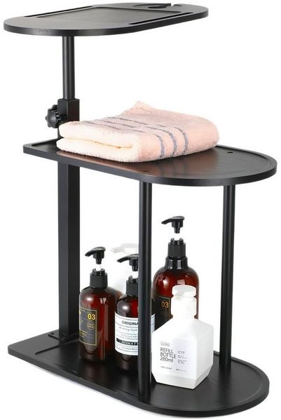 HEYHIPPO Duschregal Dreischichtiges Bambus-Lagerregal über dem Badewannen-Beistelltisch, Beistelltisch höhenverstellbar 45~76 cm, drehbare Tischplatte 44×22 cm, Bodenstehendes, höhenverstellbares freistehendes Badezimmertablett