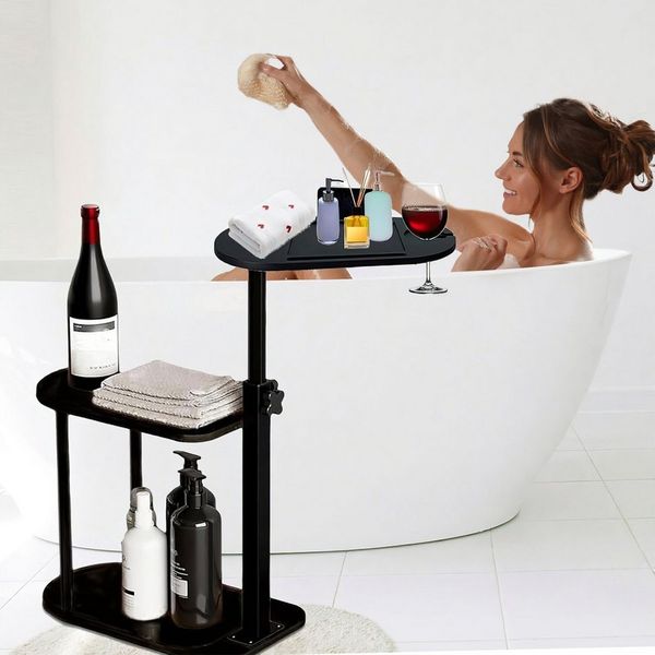 HEYHIPPO Duschregal Dreischichtiges Bambus-Lagerregal über dem Badewannen-Beistelltisch, Beistelltisch höhenverstellbar 45~76 cm, drehbare Tischplatte 44×22 cm, Bodenstehendes, höhenverstellbares freistehendes Badezimmertablett