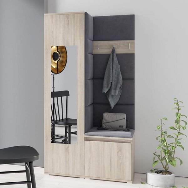 Garderoben-Set Iga, Moderner Kleiderschrank mit Polsterplatten und Schuhschrank – Ideal für Flur und Eingangsbereich (Sonoma Eiche, Trinity 16), 185 x 40 x 95 cm