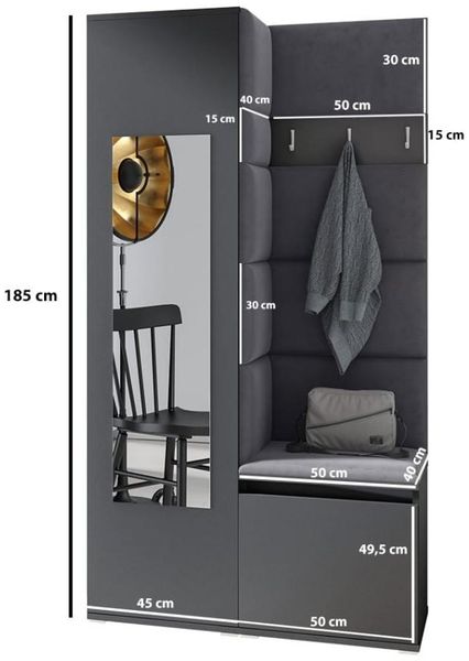 Garderoben-Set Iga, Moderner Kleiderschrank mit Polsterplatten und Schuhschrank – Ideal für Flur und Eingangsbereich (Sonoma Eiche, Trinity 16), 185 x 40 x 95 cm Bild 2