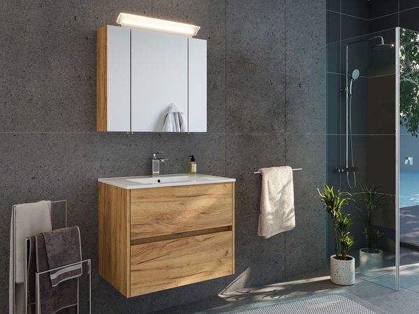 Badmöbelset Taifun 70cm 2tlg mit Spiegelschrank eiche gold : Eiche Gold