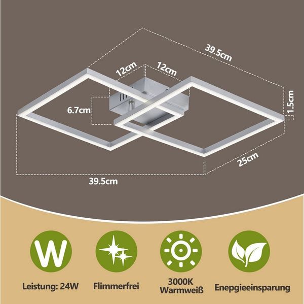 ZMH LED Deckenleuchte Wohnzimmer 2 Rahmen Schwarz Quadratisch Deckenlampe Modern 3000/4000K, Augenschutz, Einfache Installtion, LED fest integriert, Warmweiß, 24W Esszimmerlampe Eckig für Kinderzimmer
