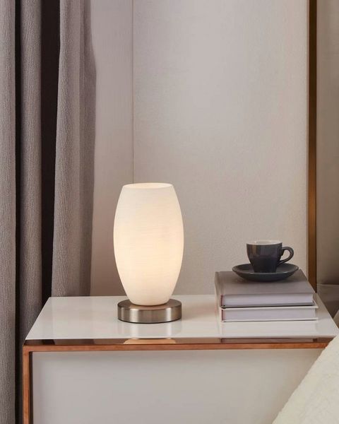 Eglo 97589 Tischleuchte BATISTA 3 E27 1X40W Stahl nickel-matt, Glas Wischtechnik weiß Ø12cm H:22,5cm mit Kabelschalter