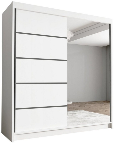 Schwebetürenschrank Harry III 180 cm mit Spiegel - Kleiderschrank, Schiebetürenschrank mit Kleiderstange und Einlegeboden, Schlafzimmerschrank, Schiebetüren - 180x215x58 cm (Weiß)
