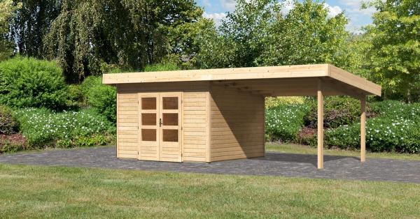 Gartenhaus Northeim 3 - 309x309 cm plus Anbaudach 3,30 m, 38 mm Holz naturbelassen, Karibu