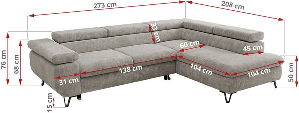 MKS Möbel 'Pablo L-Form' Ecksofa mit Schlaffunktion, verstellbare Kopfstützen, Hellgrau, Schenille grob, ohne Topper, Links Bild 6