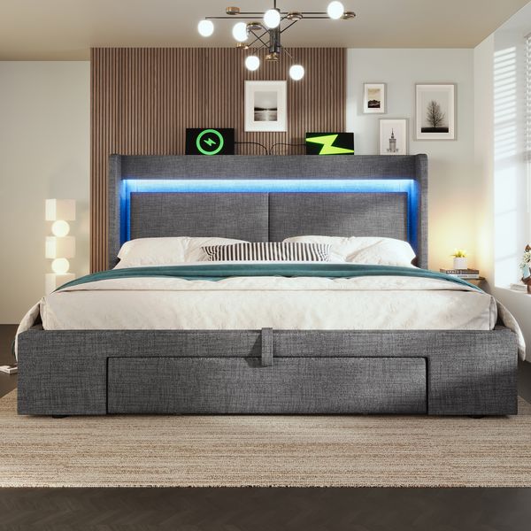 Polsterbett 140x200 cm ohne Matratze, grau, mit Bettkasten, Schublade, LED-Kopfteil sowie USB- und USB-C-Anschluss