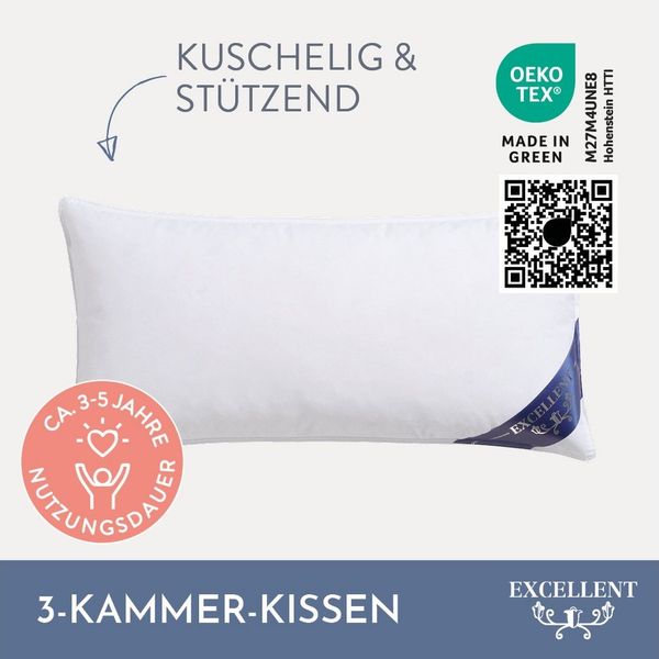 Excellent 3-Kammer-Kopfkissen Kissen 40x80 & 80x80 cm und im Spar Set!, Füllung: 100% Gänsedaunen (Außenkammer), Bezug: 100% Baumwolle