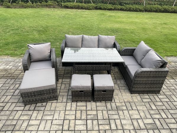 Fimous 7 Teil Rattan Gartenmöbel-Set mit Terrassen Sofa Rechteckiger Esstisch 3 Kleine Hockern Terrassen Set