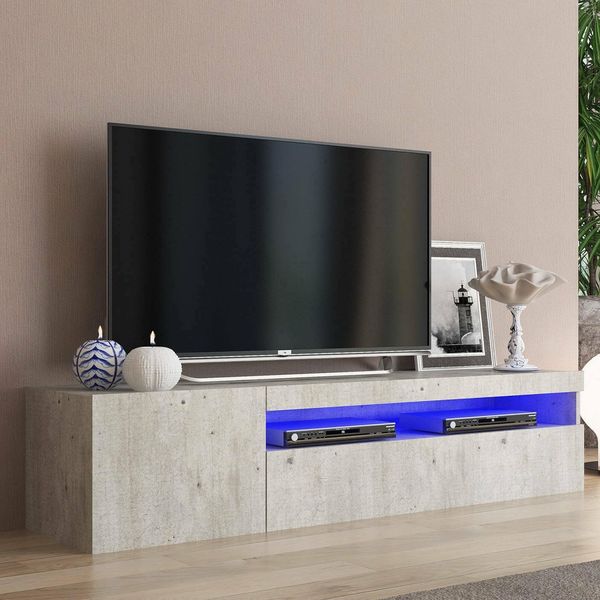 Dmora - TV-Schrank Roberto, niedriges Wohnzimmer-Sideboard mit 2 Türen, Fernsehständer-Basis, 100 % Made in Italy, 150 x 40 x 37 cm, Zement, mit LED-Licht