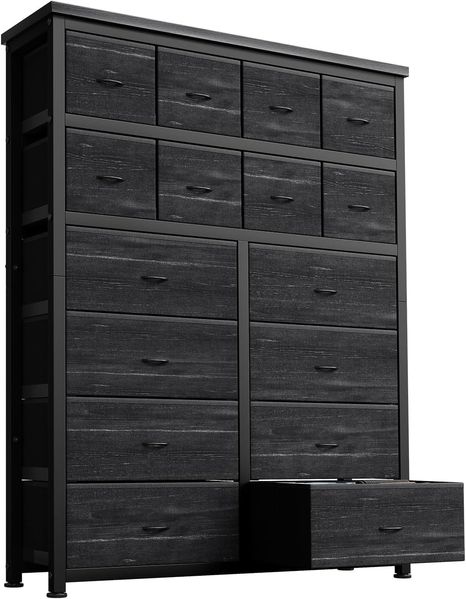 GarveeHome Kommode Mit 16 Stoffschubladen, Stauraum-Schrank Für Schlafzimmer, Wohnzimmer, Büro & Kinderzimmer – Stabile Aufbewahrungskommode Mit Metallrahmen, Schwarz