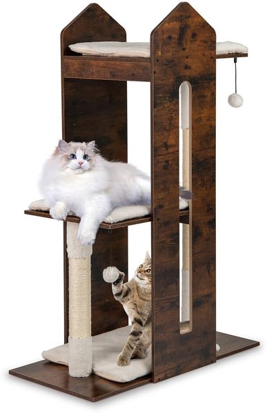 120 cm hoher Kratzbaum Holz Katzenkratzbaum mit Sisal-Kratzpfosten & hängenden Bällen Katzenbaum Rustikales Braun