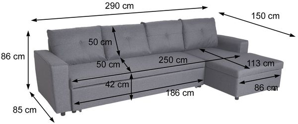 Ecksofa mit Bettkasten HWC-L16, Couch Sofa L-Form, Liegefläche links/rechts Nosagfederung Stoff/Textil 290cm ~ grau Bild 3