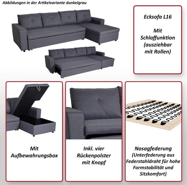 Ecksofa mit Bettkasten HWC-L16, Couch Sofa L-Form, Liegefläche links/rechts Nosagfederung Stoff/Textil 290cm ~ grau Bild 2