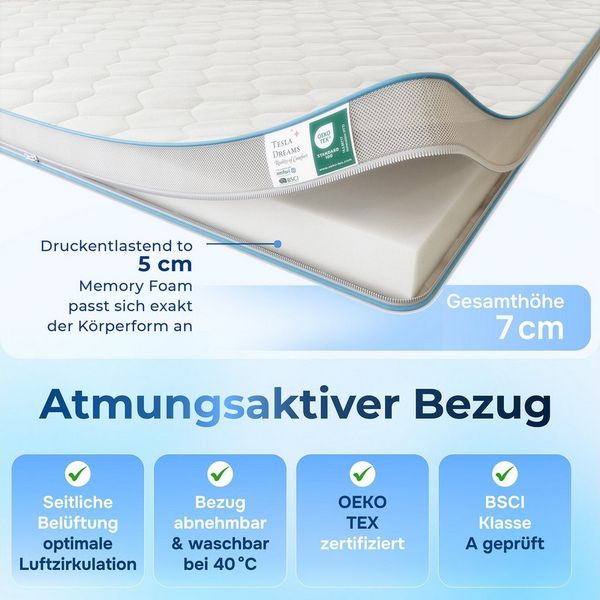 Tesla Dreams Reality of Comfort, Topper Matratzentopper Gel-Memory-Schaum, 7 cm, ergonomisch & atmungsaktiv, Körperanpassend & druckentlastend, waschbarer Premium-Bezug