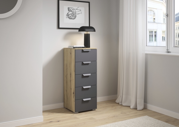 rauch Aditio Box, Kommode, 5 Schubladen, mit Softclose-Funktion, Farbe Grau metallic/Eiche Artisan, BxHxT 40x100x42cm