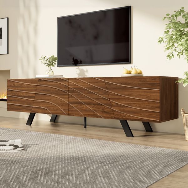 TV-Lowboard Walnussoptik Wellenfront 3D-Design Eisenbeine Kabelmanagement Stauraum Fernsehtisch Wohnzimmermöbel