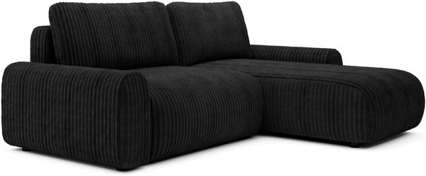 Selsey 'Lelu' Ecksofa mit Cordbezug, Schlaffunktion und Bettkasten, Schwarz, beidseitig