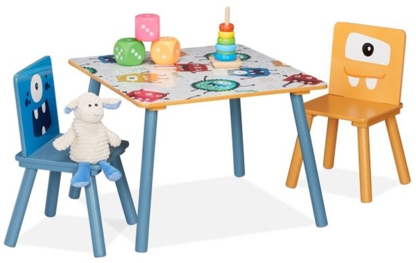 Relaxdays Kindersitzgruppe 3-teilig, Monster-Motiv, Holz blau / orange