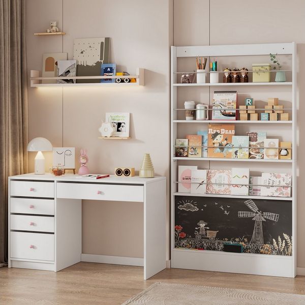 MODFU Bücherregal Ultraflaches Regal 100×180 cm mit Schwarzbor, Bilderbuchregal, Ausstellregal 1-tlg, 4-ebiges Aufbewahrungsregal + bemalbares Schwarzbord