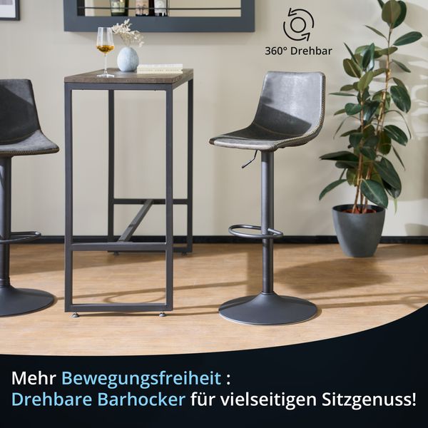 KHG Barhocker 6er Set 360° drehbar höhenverstellbar (61-82cm) Kunstleder Schwarz Industrial Look | Drehstuhl Barstuhl mit Rückenlehne Fußstütze 110kg belastbar